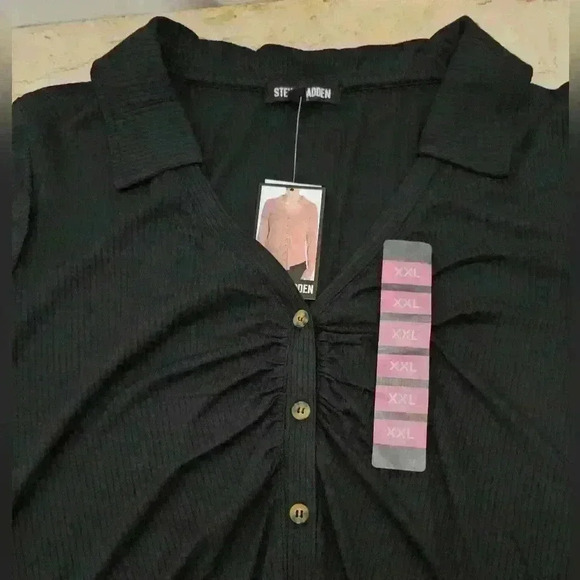 🛑 NWT Steve Madden Black Ruched Stretchy Collared V-Neck Button-up Shirt XXL - Picture 4 of 11